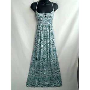 Boho Me NWT Maxi Woven Maxi Dress Teal White Smocked Top Open Back Size L